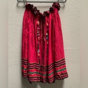 Vintage Daiquiri red rayon flowy long skirt Sz M multicolor striped hem fringe
